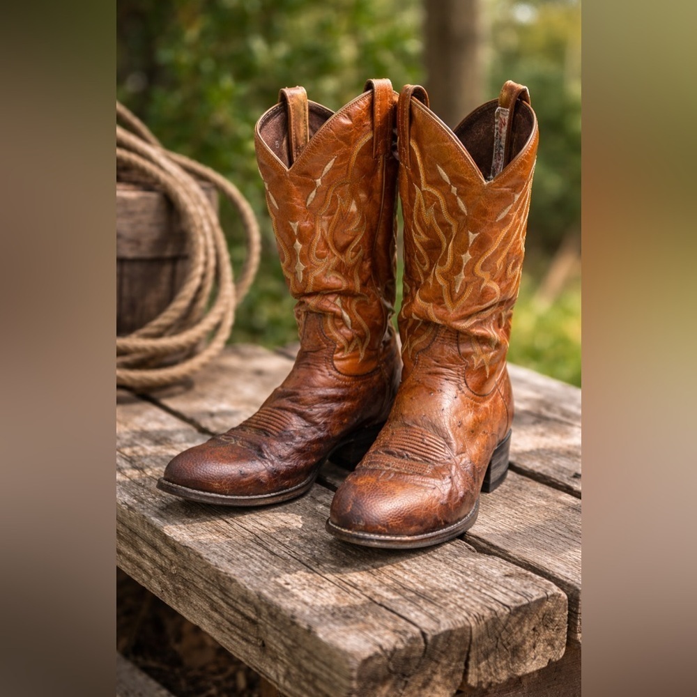Tony Lama Vintage Ostrich Leather Western Boots Mens 9 D Brown USA - Picture 1 of 16